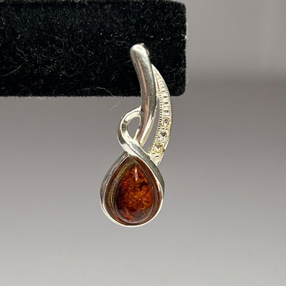 Sterling Silver 925 Cognac Baltic Amber Earrings With Cubic Zirconia Accents - Picture 11 of 11